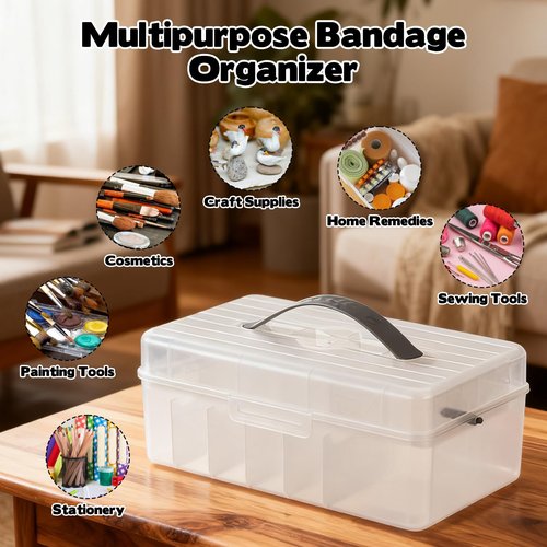 Clear Plastic Bandages Storage Organizer, 2 Tiers Bandage Storage with Lid and Handle, First Aid Box, Large Portable Medicine Container Holder Empty, Suitable for Home, Office, Travel, School, Office