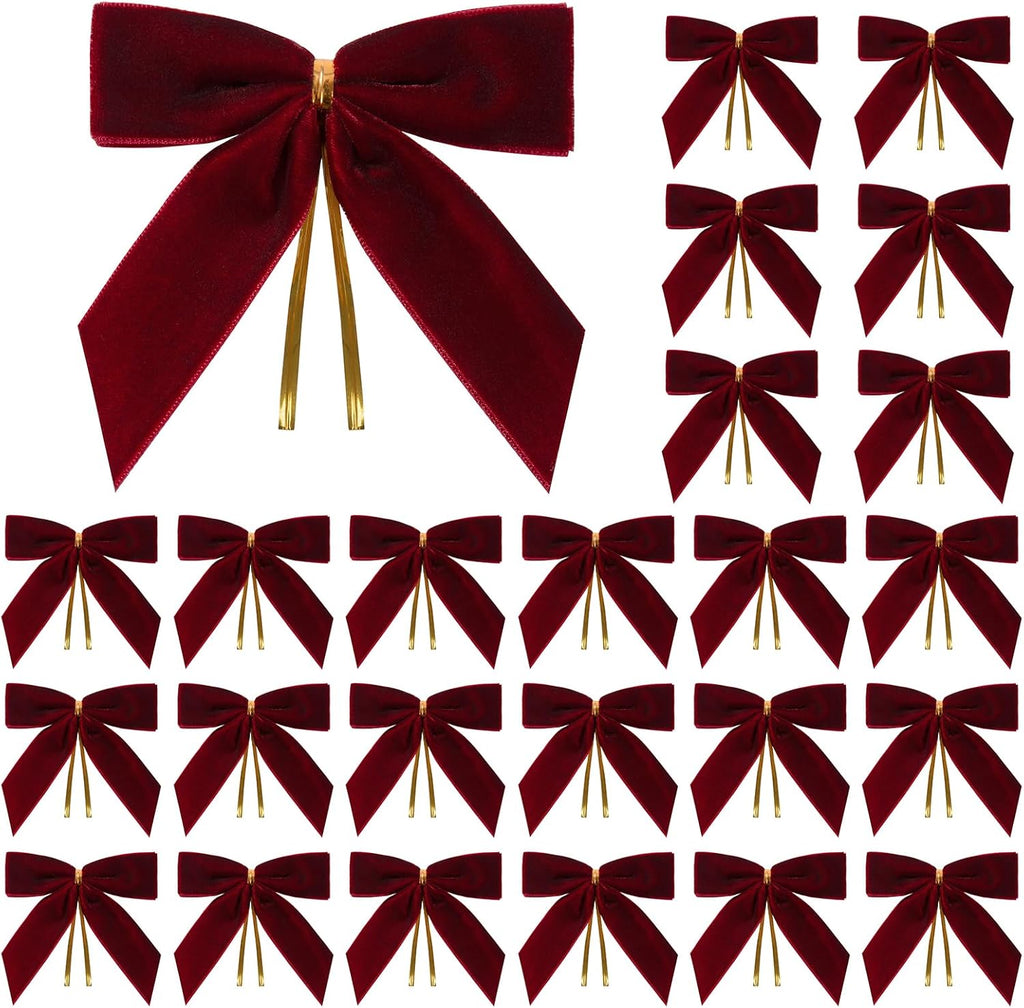 Utehilly Velvet Christmas Bows - 24 Pcs Burgundy Small Decorative Bows for Trees, Gifts & Crafts | 3.5 x 3.5 Inch