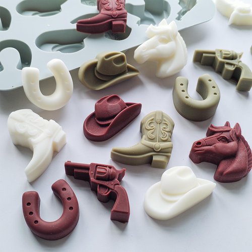 Japleed 2 Pack Cowboy Chocolate Molds, Western Themed Silicone Fondant Jelly Cupcake Cake Decoration Molds, Unique Cowboy Hat Boot Horse Shape Candle Soap Wax Epoxy Resin Mold for Crafts Baking Tool
