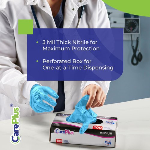CARE PLUS 1000 Count Extra Large Size Medical Grade Examination Nitrile Blue Gloves, 3 Mill, Rip Resistant, Powder Allergy and Latex Free, Non Sterile, Single Use