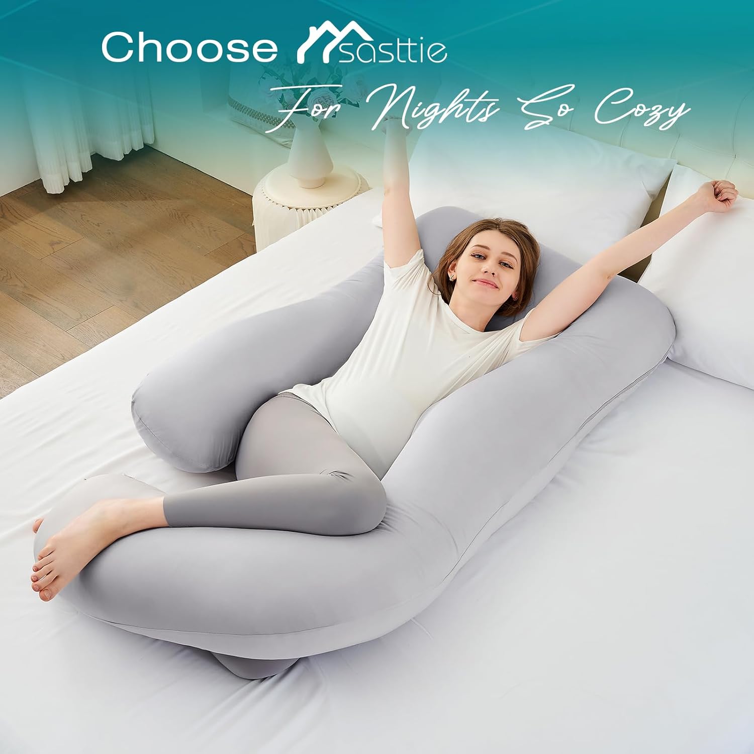 Sasttie U-Shaped Cooling Pregnancy Pillow - Full Body Support with Removable Cover | Light Grey