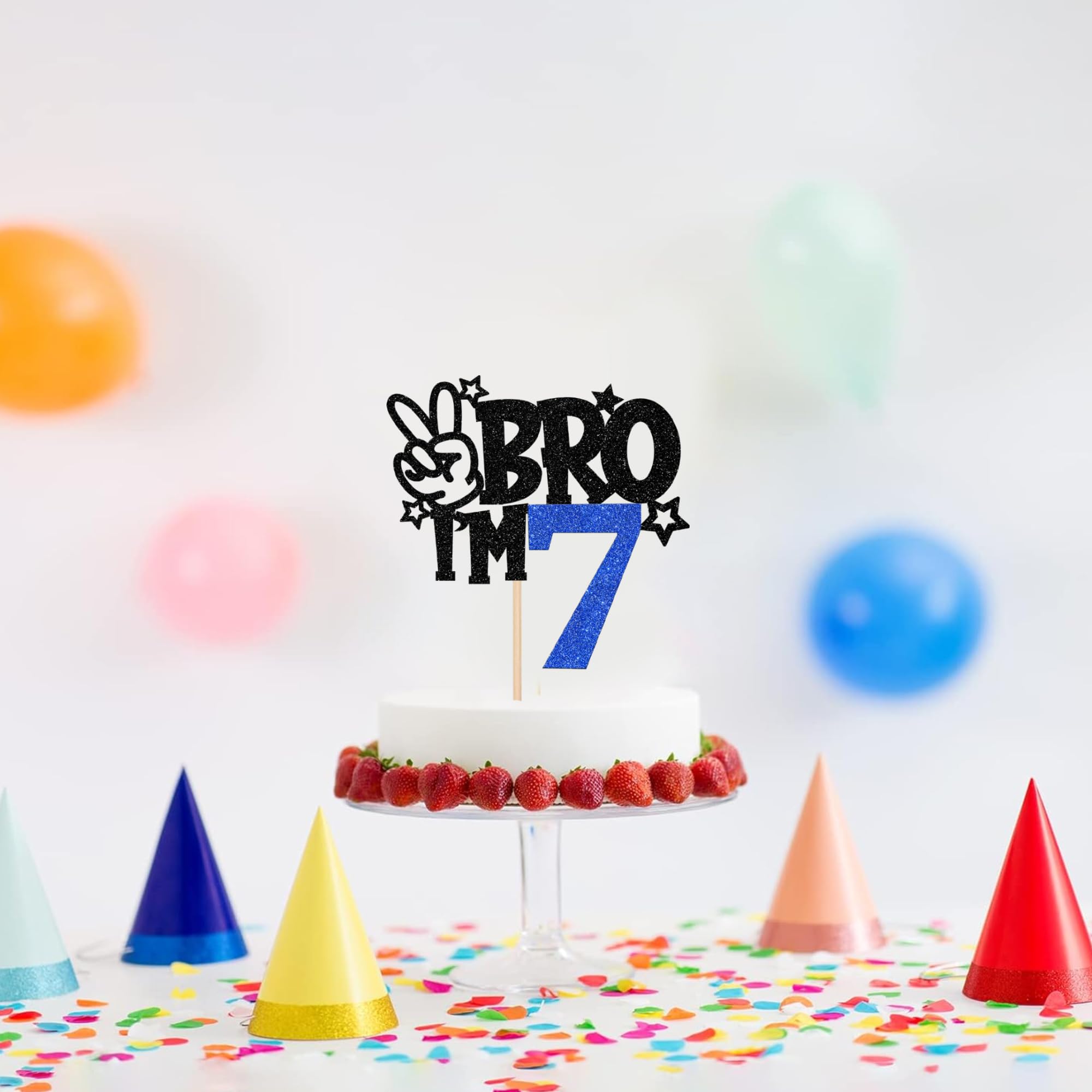 1 PCS Brother I'm 7 Cake Topper Glitter Star Happy 7th Birthday Cake Pick Bro I'm 7 Cake Decoration It's My 7th Birthday Decorations for Boys Cheers to 7 Years Old Birthday Party Supplies Blue