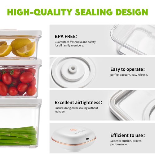 ZKIRON One-Touch Electric Vacuum Seal Food Storage Containers Set of 3 - Automatic Sealer Machine with Airtight Meal Prep Containers - BPA-Free & Stackable for Vegetables, Meat, Fruits (White)