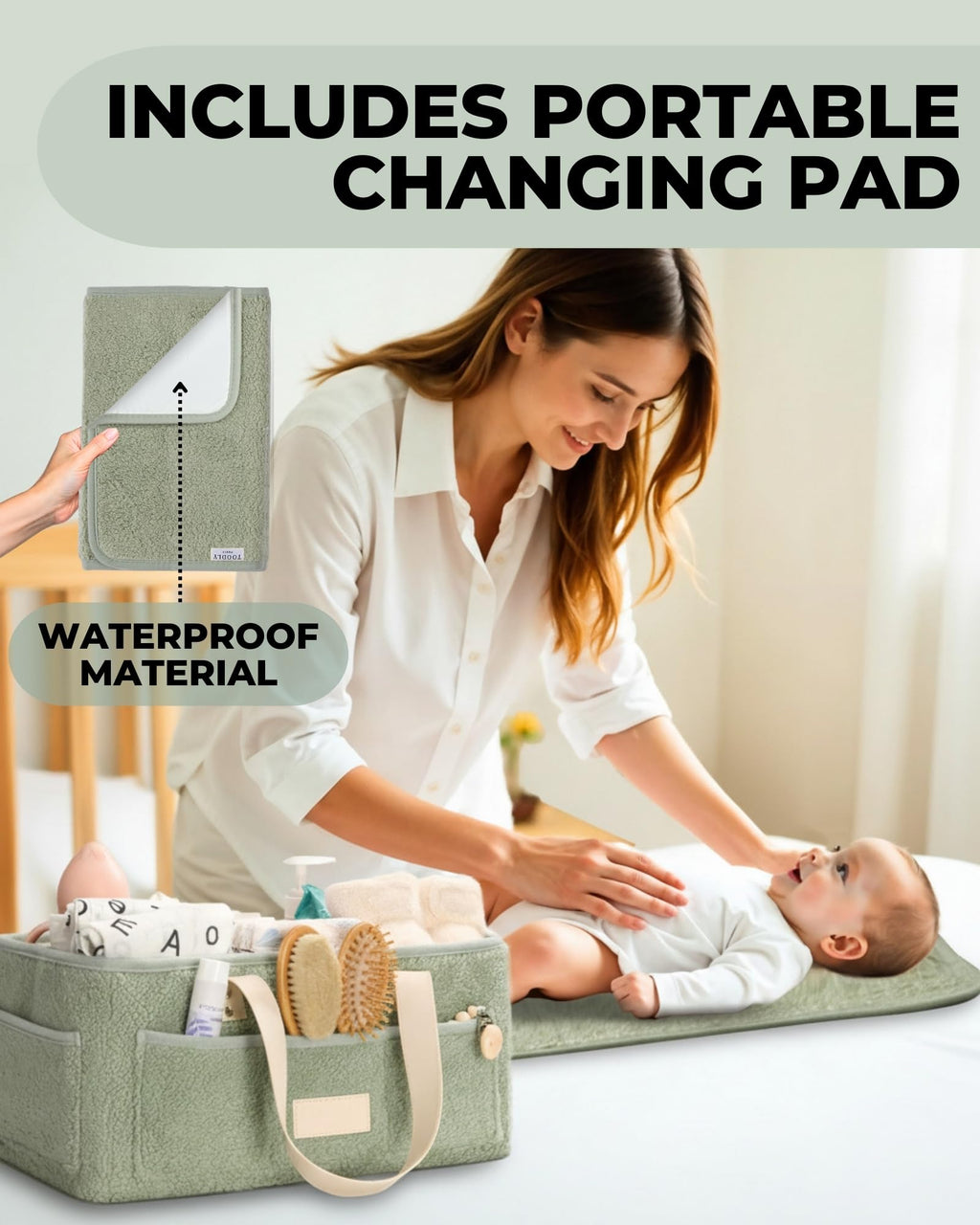Toodly Baby Diaper Caddy Organizer with Portable Changing Mat - Teddy Fleece Diaper Organizer for Changing Table - Basket for Changing Essentials - Baby Essentials Organizer with Removable Dividers