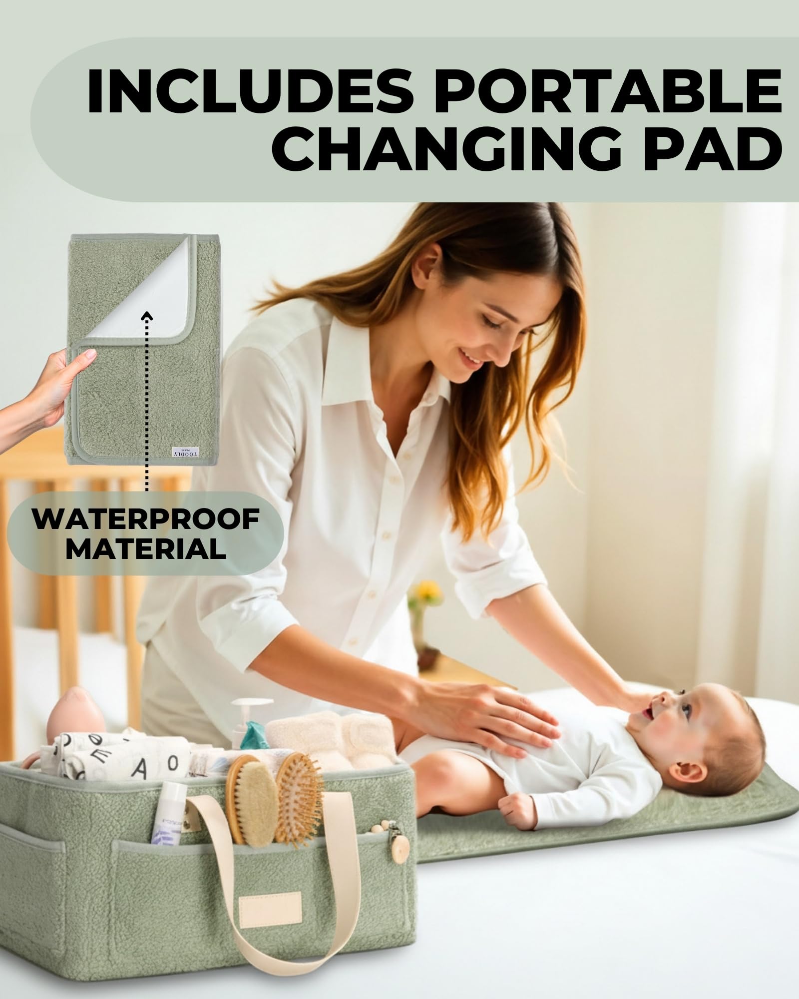 Toodly Baby Diaper Caddy Organizer with Portable Changing Mat - Teddy Fleece Diaper Organizer for Changing Table - Basket for Changing Essentials - Baby Essentials Organizer with Removable Dividers
