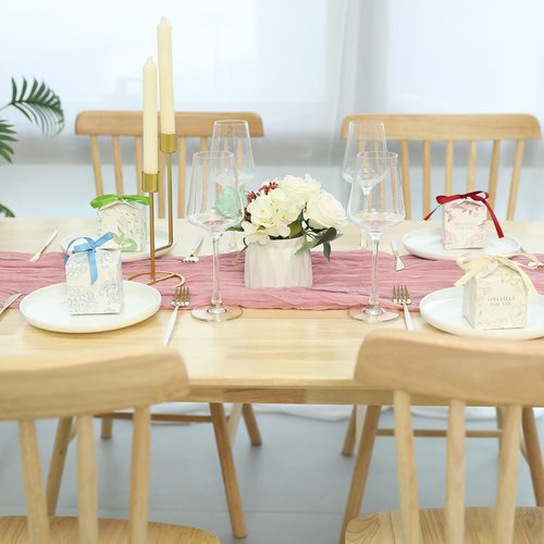 20 Pcs Cheesecloth Table Runner 196 Inch Boho Gauze Cheese Semi-Sheer Rustic Table Runner for Wedding, Baby Shower, Birthday, Banquets - Dark Pink
