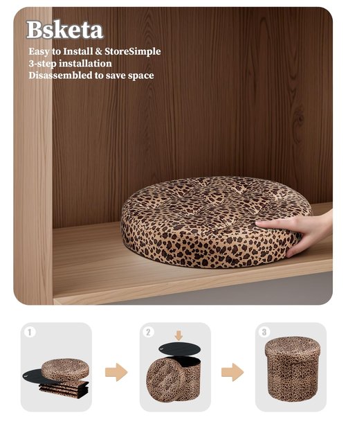 Bsketa Storage Ottoman, Folding Foot Stool with Thicker Foam Padded Seat Small Velvet Storage Ottoman Foot Rest for Living Room Foldable Coffee Table 14x14x13in, Leopard Print