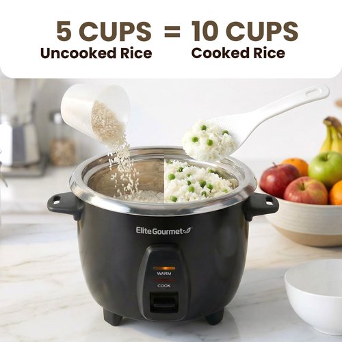 Elite Gourmet ERC2010B Electric Rice Cooker with Stainless Steel Inner Pot Makes Soups, Stews, Porridge's, Grains and Cereals, 10 cups cooked (5 Cups uncooked), Black