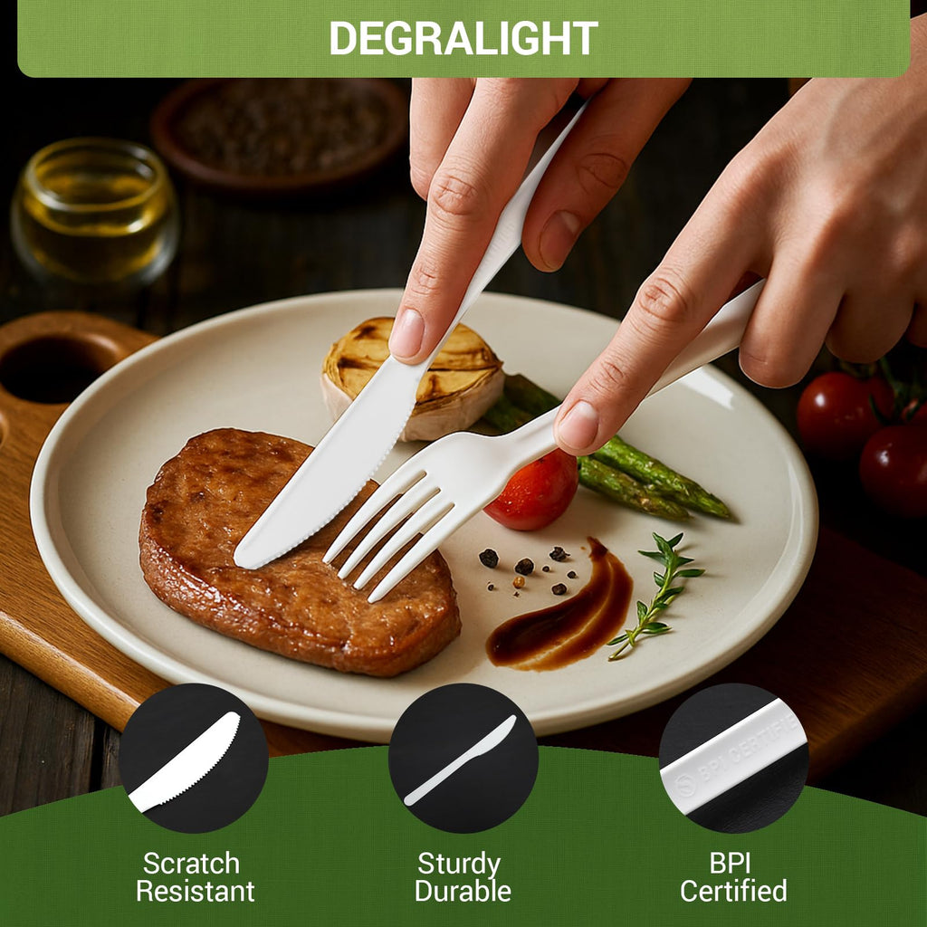 Degralight 100% Compostable Knives - 200Pcs CPLA Knives, Durable and Heat Resistant CPLA Disposable Cutlery, No Plastic Disposable Silverware for Party, Wedding, Office & Daily