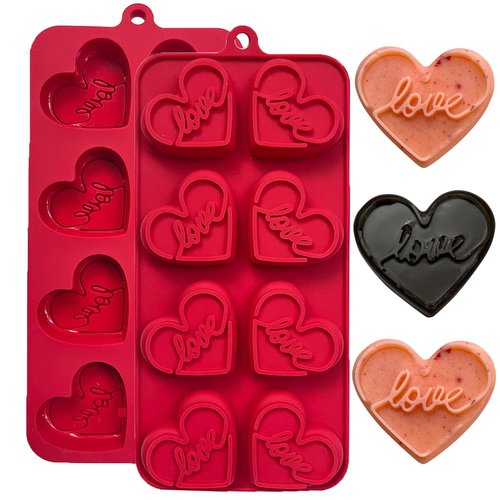 Copzievkae Hearts Chocolate Molds, Heart Ice Cube Tray Mold 16 Cavities Conversation Heart Molds, Silicone Hearts Candy Mold for Chocolate, Candy, Wax Melt, Baking, Candles, Red, 2 Pack