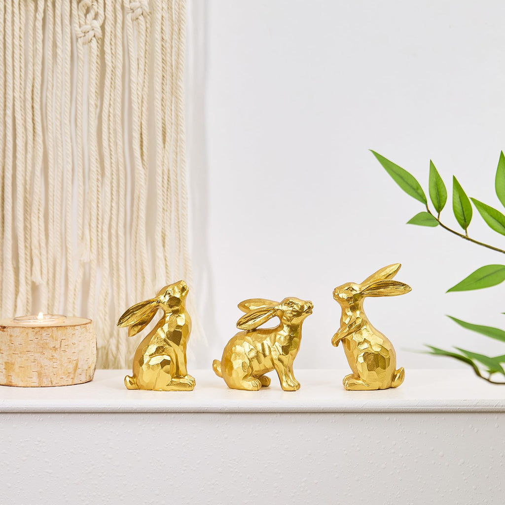 yumhum 3 Gold Easter Bunny Decorations, Resin Rabbit Figurine Small Decorative Bunny Statues for Tabletop Centerpiece Indoor Spring Easter Decor Mantle Decorations