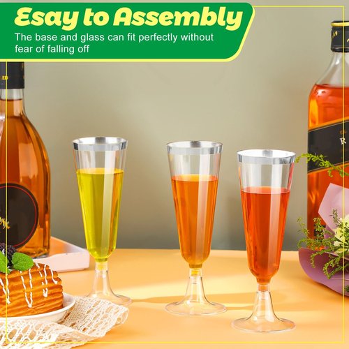 Gerrii 300 Pcs Plastic Champagne Flutes Bulk, 4.5 oz Clear Disposable Champagne Flutes, Rimmed Toasting Glasses for Wedding Birthday Anniversary Celebration Party Wine(Silver Rim)