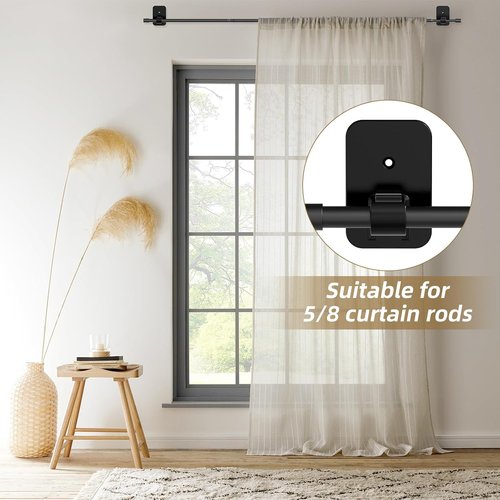 GXOACKJ No Drill Curtain Rod Brackets - 4 Pcs Renter-Friendly 3M Self-Adhesive Holders for 5/8" Poles | Black
