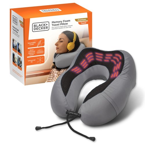 BLACK+DECKER Cooling Gel Memory Foam Neck Pillow – Travel Pillow for Plane, Car & Train – Ergonomic Neck Support, Slow Rebound Memory Foam, Washable Cover, Universal Fit, Grey