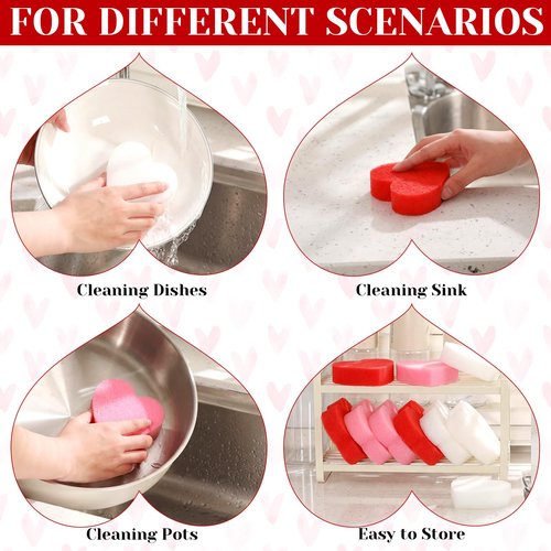 Tioncy 12 Pack Pink Heart Kitchen Sponges Bulk Dual Sided Valentine Scrubber Sponges Dishwashing Cleaning Accessories for Valentine Kitchen Supplies