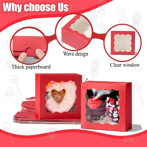 JCXGRVC 50PCS 3.25x3.25x1.5 inches Red Small Bakery Boxes with Window - Cookie Macaron Mini Cake & Truffle Gift Boxes for Christmas Gifts Birthday Wedding Valentine's Day Party Favors