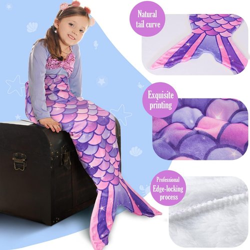 WERNNSAI Mermaid Tail Blanket - Plush Mermaid Wearable Blanket for Girls Teens All Seasons Soft Flannel Snuggle Blanket Scale Sleeping Bag Kids 55" x 24" (Purple)