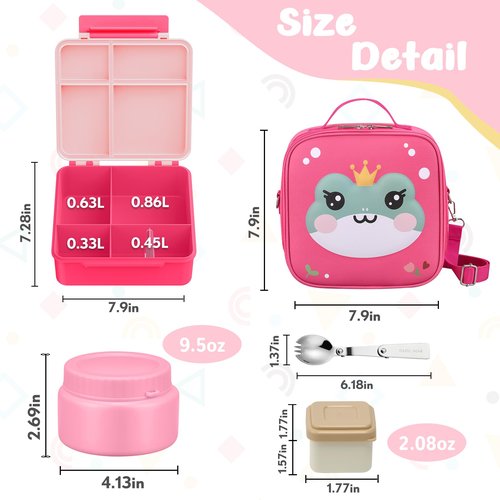 Bento Lunch Box Kids with 9oz Soup Thermo, Kids Leakproof Lunch Food Containers with 4 Compartment, Insulated Lunch Bag for Girls Boys to School Travel