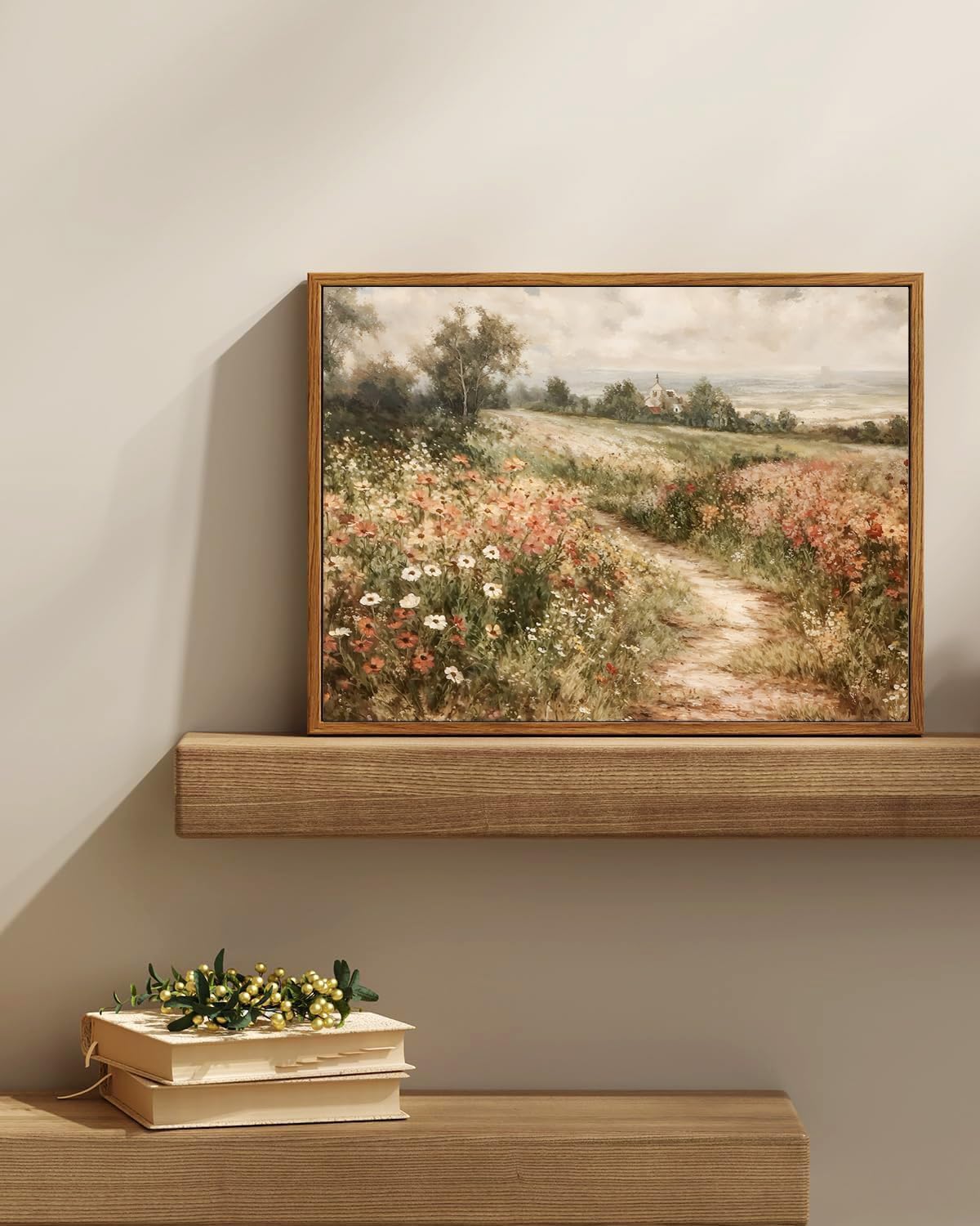 Skiennix Framed Canvas Wall Art - Vintage Wildflower Field Painting for Living Room & Bedroom Decor