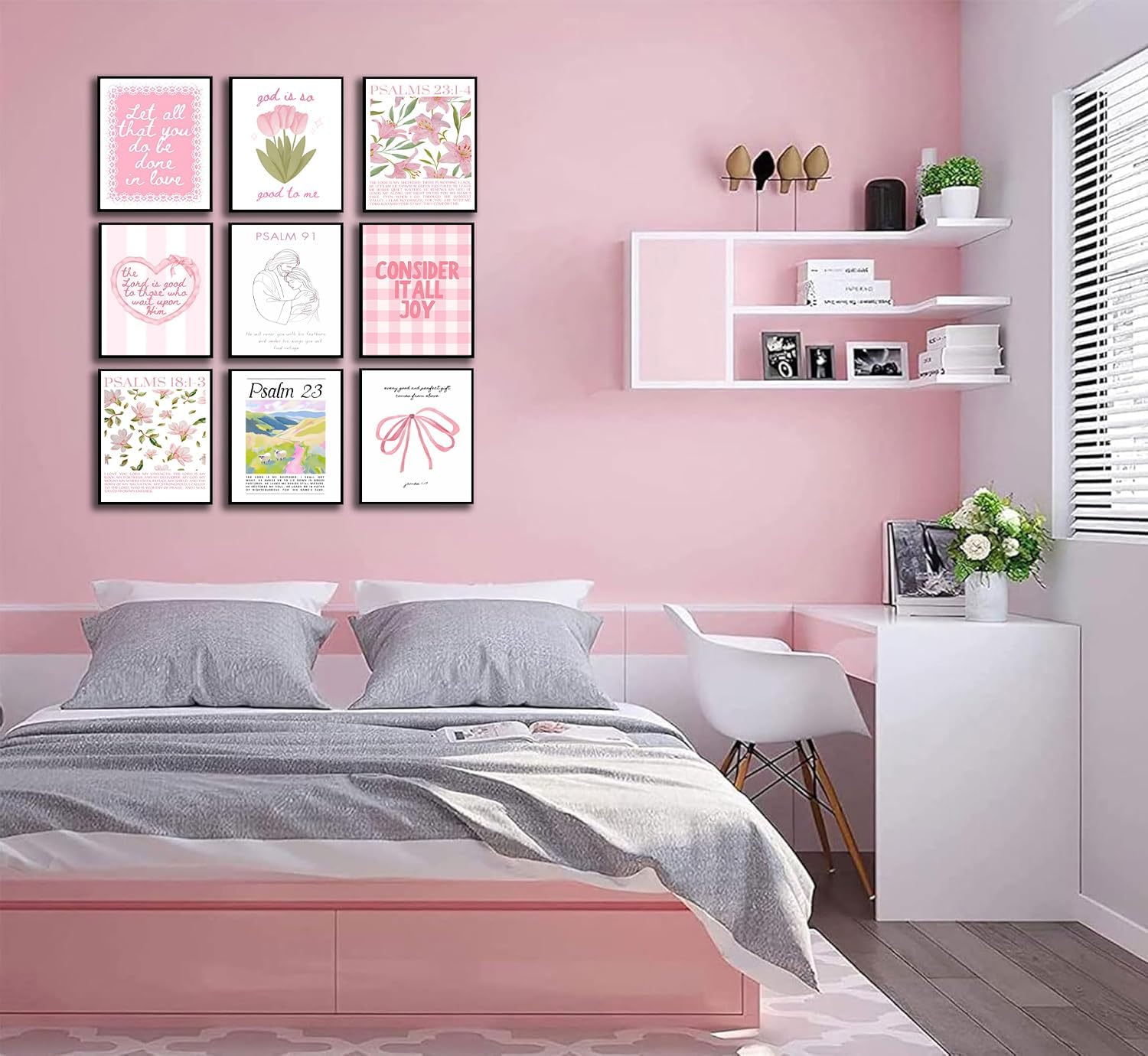 Skiennix 9-Piece Pink Christian Wall Art Set - Trendy Bible Verse Prints for Girls' Rooms | 8x10 Inch Decor