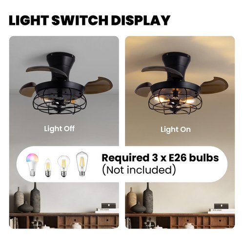 CROSSIO 22" Retractable Ceiling Fans with Lights, Black Caged Fandelier Ceiling Fans with Remote, 6 Wind Speeds,Invisible Blades, Industrial Flush Mount Small Ceiling Fan for Bedroom Living Room
