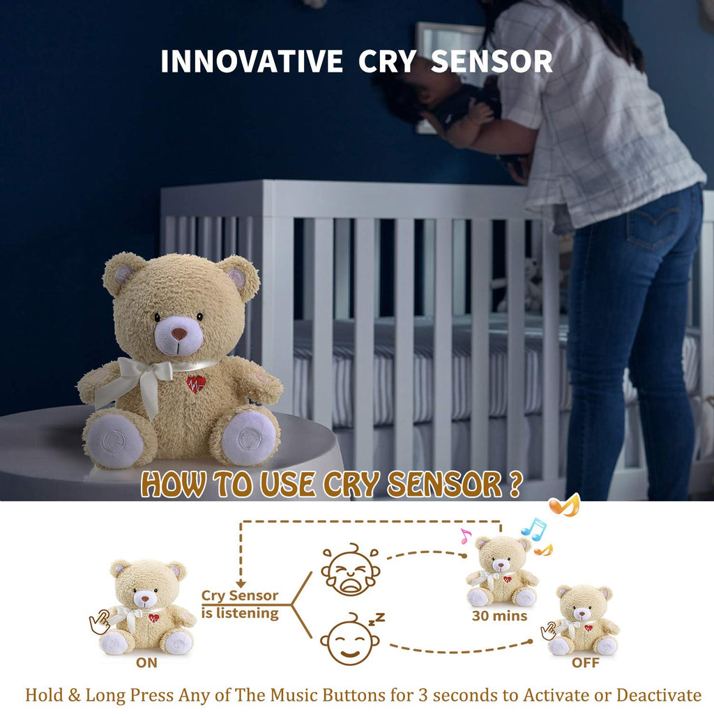 BEREST Newborns Musical Baby Sleep Soother, Mom's Heartbeat White Noise Machine, Bear Sleeping Aid with Cry Sensor, Night Light & 9 Sounds Therapy, Classic Sleeping Bear Infant Sleeping Aid Toy(Brown)