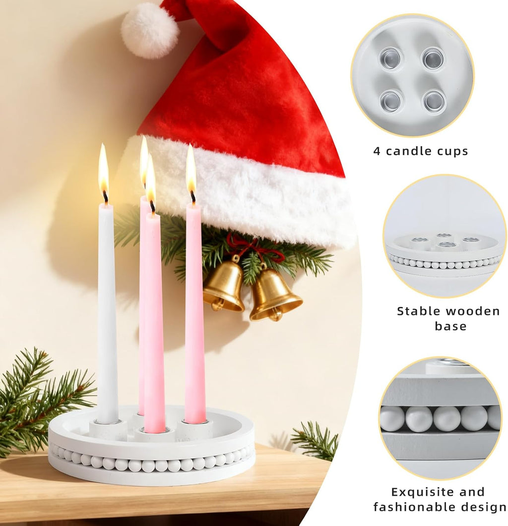 Skiennix 7-Inch Wooden Candle Holder - Elegant Advent Wreath with Bead Design for Christmas Decor | White