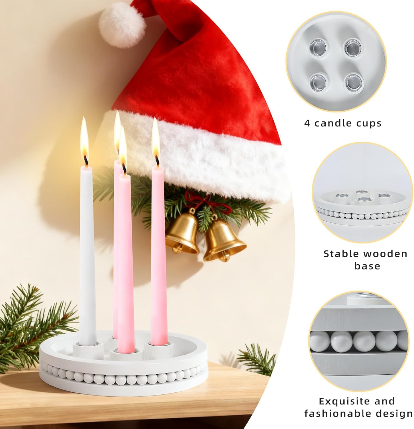 Skiennix 7-Inch Wooden Candle Holder - Elegant Advent Wreath with Bead Design for Christmas Decor | White