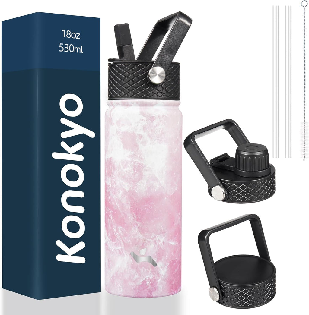 Skiennix 18 oz Insulated Stainless Steel Water Bottle - Marble Blossom | 3 Versatile Lids Included