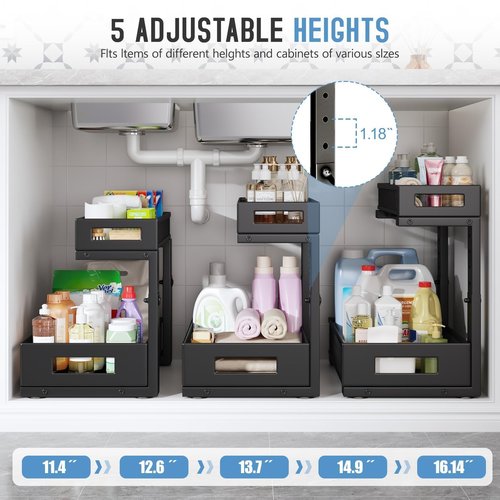 2-Pack Under Sink Storage Organizer, Large 2-Tier Elegant Mesh Pull Out Shelf for Kitchen and Bathroom Cabinet Organization, L-Shaped and Adjustable Height Design,Patent Pending-Black