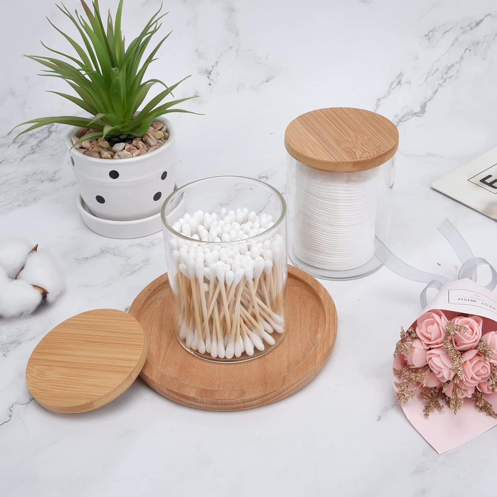 BKYFPQ Glass Qtip Holder Dispenser Set - Stylish Apothecary Jars with Lids | Vanity Makeup Organizer
