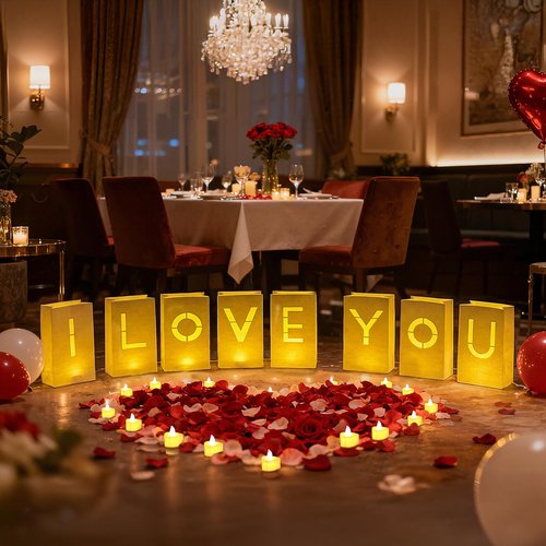 ARIKJ Valentines Day Decorations, Special Night Romantic Decorations - I Love You Light Up Letters Luminary Bags with Bright Flameless Tea Candles and Fake Rose Petals, Happy Anniversary