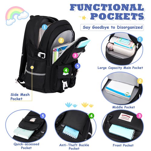 MUSEVOS Girls Backpack for Kids Teenage Elementary Middle High School Backpacks, Lightweight Water Resistant Bookbag Multiple Compartments large Capacity, Black