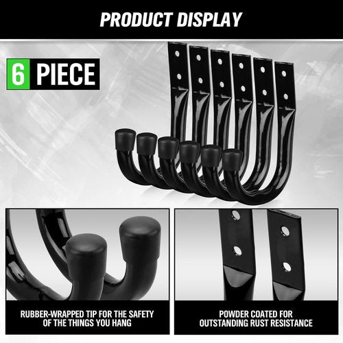Heavy Duty Garage Storage Hooks - 6-Piece Bike Hooks for Wall Mount | Large Metal Organizer