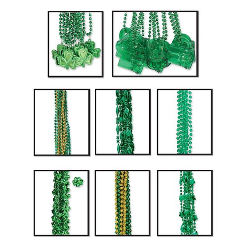 Beistle Happy St Patrick's Day Plastic Beaded Necklace Assortment 100 Piece Shamrock Party Favors, 24" & 33", Green/Gold