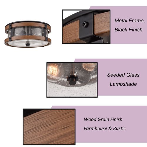 DEYNITE Farmhouse Ceiling Light Fixture 2-Light Hallway Ceiling Light in Black & Rustic Wood Grain Finish with Clear Seeded Glass Shade