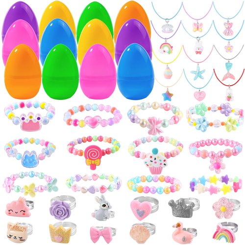 Vellibring 12 Pack Prefilled Easter Eggs with 36 pcs Cute Bracelets Necklaces Rings Easter Basket Stuffers Egg Fillers for Girls Party Favors Kids Toddler Presents