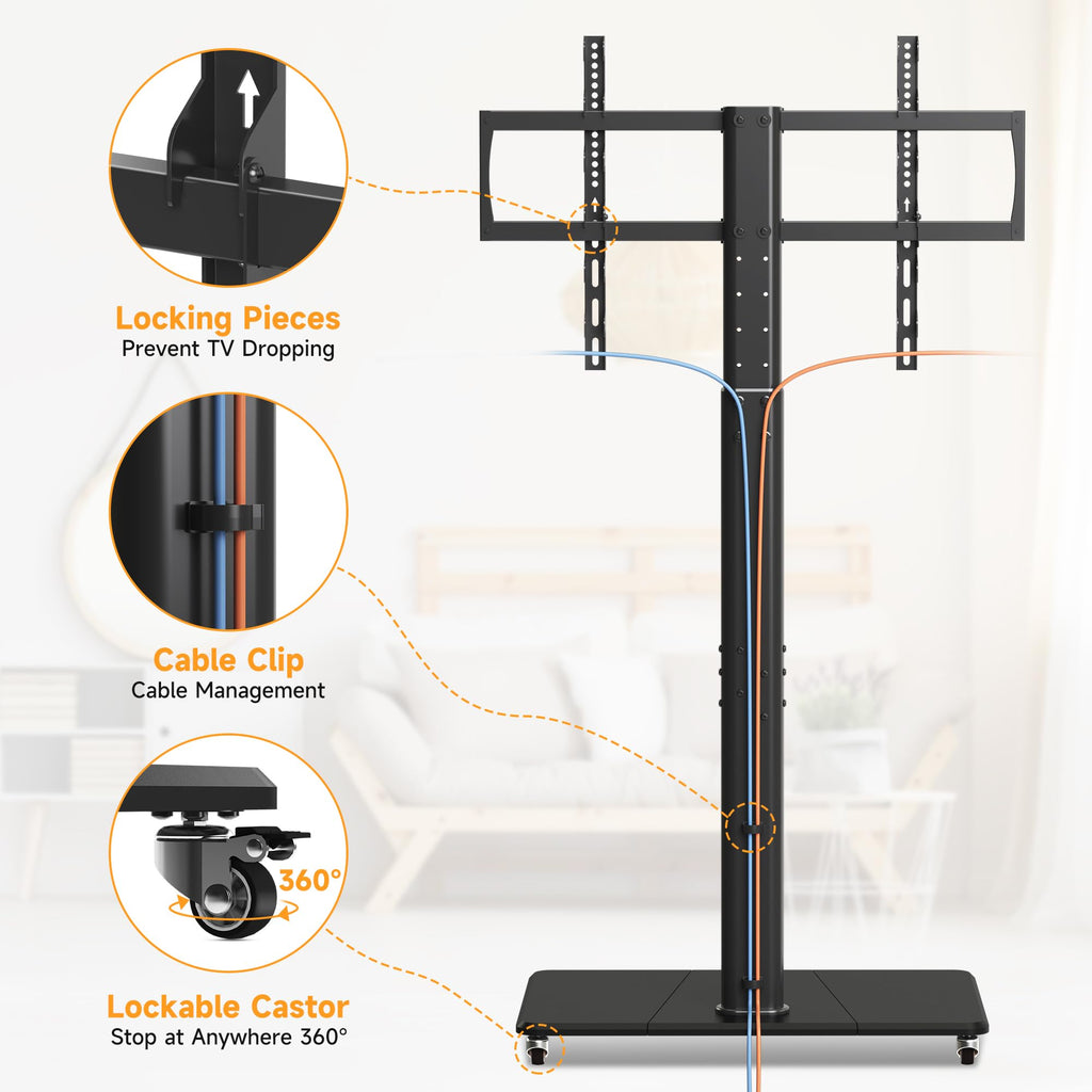 XINLEI Tall Floor TV Stand for 32-75" TV Portable Rolling TV Cart with Wheels Height Adjustable with Wood Base, Holds up to 88 lbs, Max VESA 600x400mm TS005HB