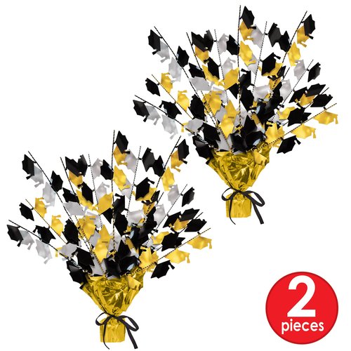 Beistle 2-Pack Metallic Gleam ’N Burst Centerpiece, Black/Gold/Silver Table Decor for Graduation Party with Mini Grad Caps, Tableware Decorations, 15"