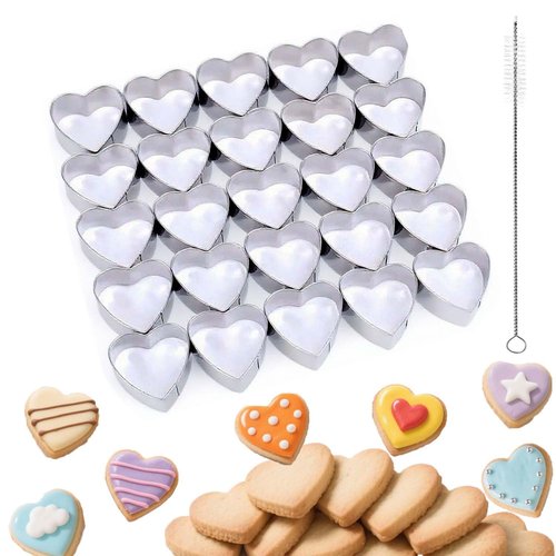 25 Cavity Heart Cookie Cutter, valentines day cookie cutters with Cleaning Brushes, Stainless Steel Mini Heart Shaped Cookie Cutter Vegetable cutters, Baking, Dessert Decoration& More
