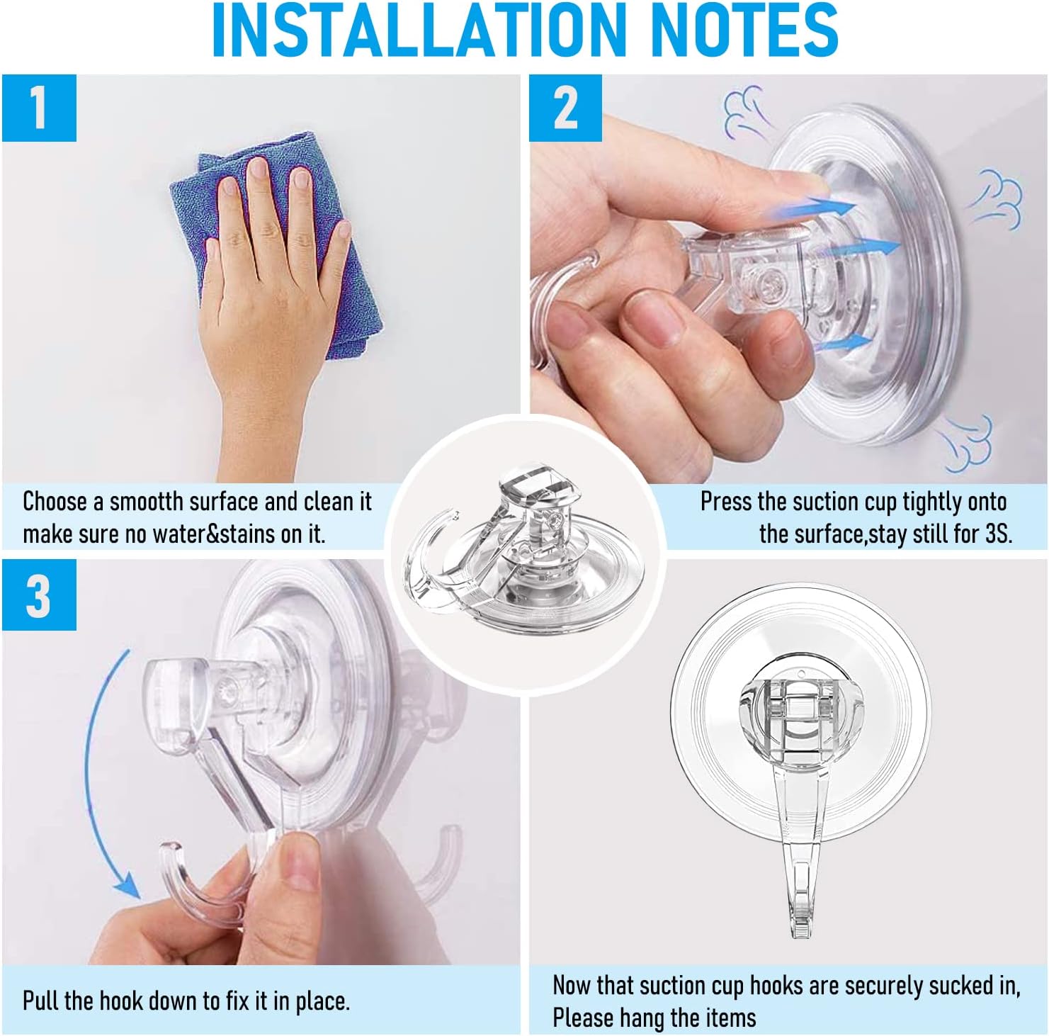 Quntis Suction Cup Hooks - Heavy Duty Waterproof Multi-Purpose Shower & Bathroom Hangers | 4 Pack