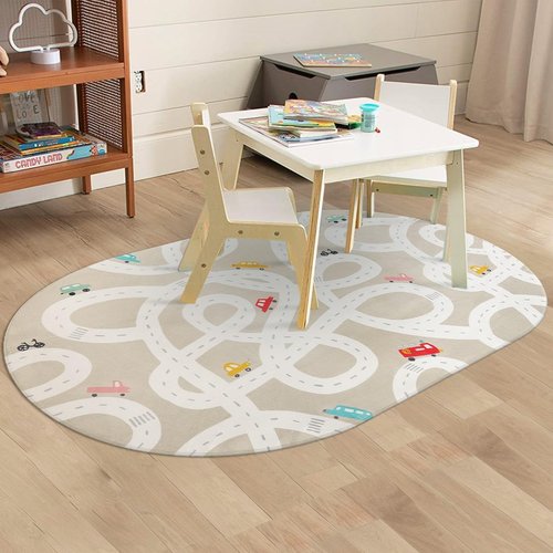 STARUIA Large Kids Rug for Playroom, 4'x6' Washable Road Rug for Nursery, Non-Slip Car Rugs for Boys Room, Tan Traffic Classroom Rugs Soft Baby Play Mat for Dorm Toy Room Tent