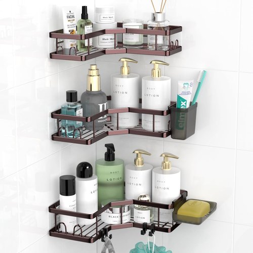 **AKTECKE Corner Shower Caddy Organizer - Adhesive No-Drill Rack for Bathtub - 3-Pack Rustproof Shelves**