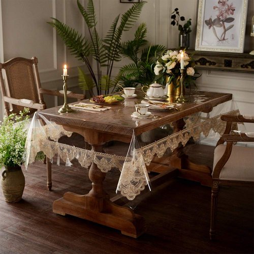 ARTABLE Vinyl PVC Rectangle Tablecloth Waterproof Clear Table Cover with Champagne Lace Macrame Border for Wedding Kitchen Home Outdoor Indoor Holidays Party Decor (Champag, 60 x 104 Inch)