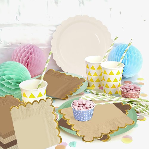 FALIZIFU 50 Pieces 2-Ply Brown Scalloped Napkins with Gold Foil Cocktail Napkins Disposable Paper Napkins for Dinner Wedding Baby Shower Birthday Party Beverage Napkins