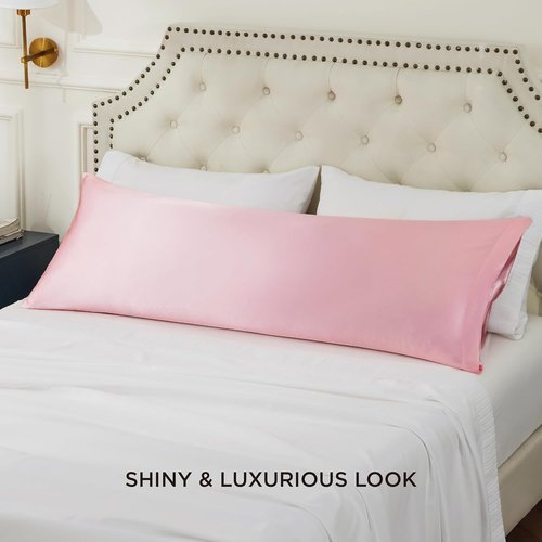 Bedsure Body Pillow Cover - 20x54 Inches Pink Satin Pillowcase for Hair & Skin Care | Cooling & Silky Design