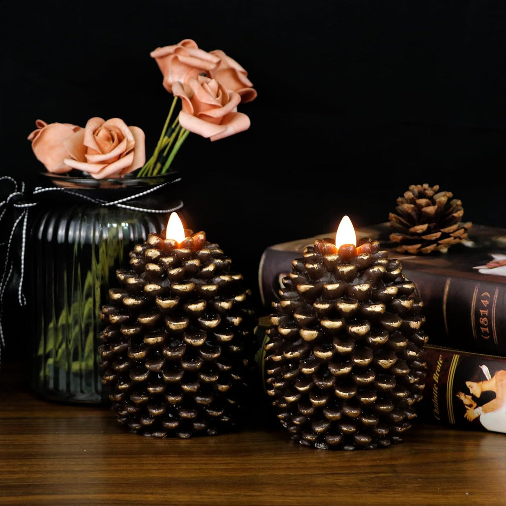Wondise Flameless Candles - Battery Operated Real Wax Pine Cone Design | Set of 2, Brown (D3.5 x H4.7 Inch)