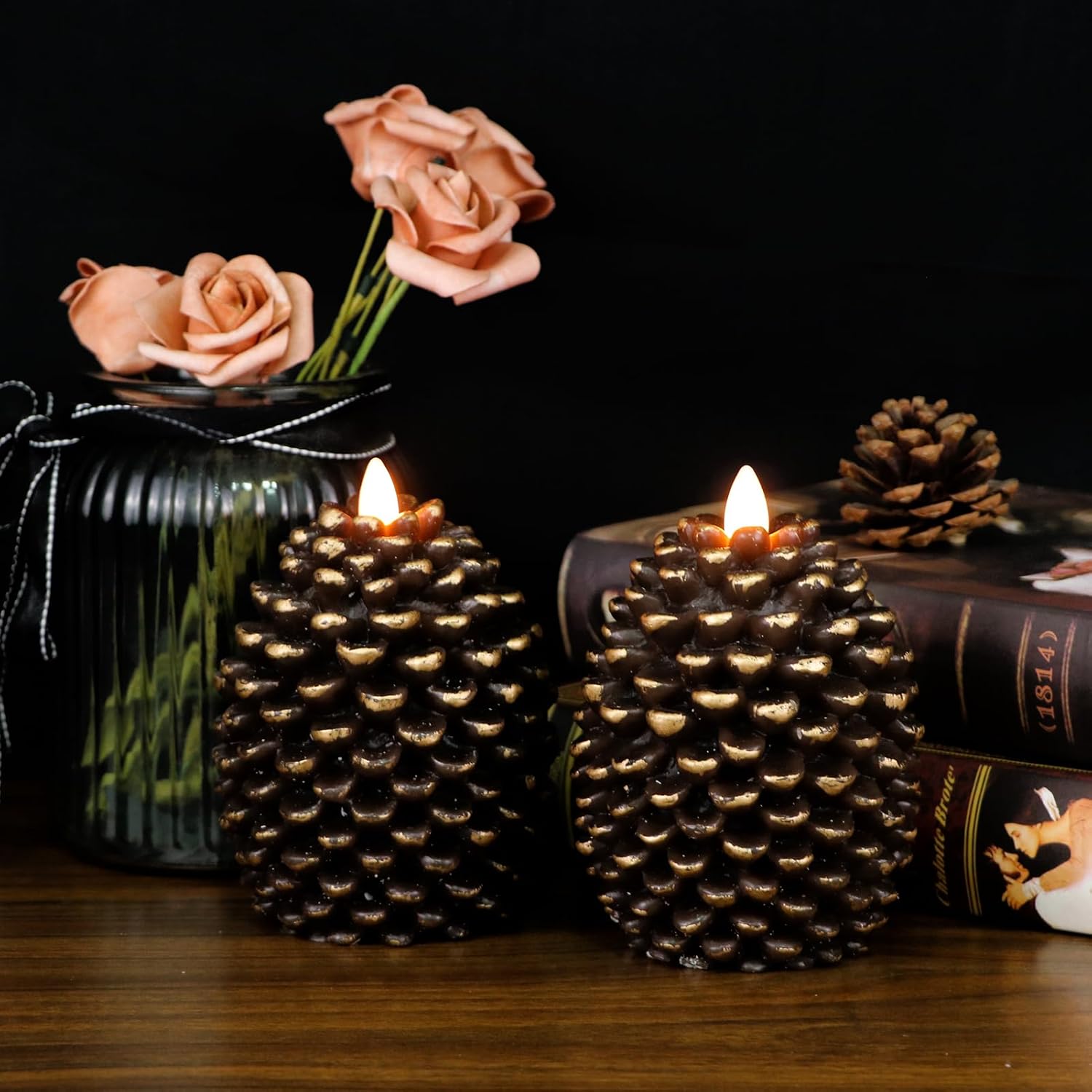 Wondise Flameless Candles - Battery Operated Real Wax Pine Cone Design | Set of 2, Brown (D3.5 x H4.7 Inch)