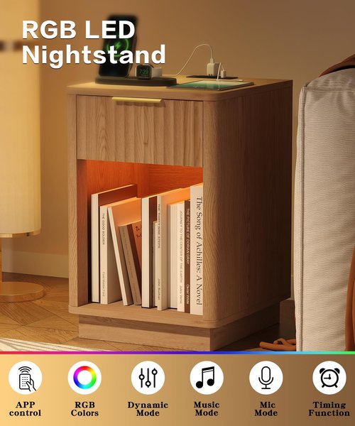 Akxomel Fluted Nightstand, Wooden Night Stand with Charging Station and LED Light, Modern Mid Century End Table with Drawer, 15" D x 15.7" W x 22.6" H, for Bedroom, Natural Oak