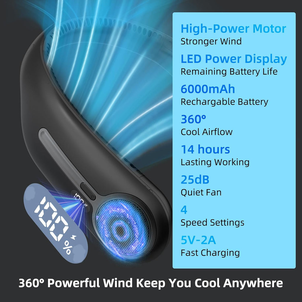 Skiennix Portable Neck Fan - Hands-Free Bladeless Design with 360° Cooling | USB Rechargeable, LED Display, 4 Speeds (Black)